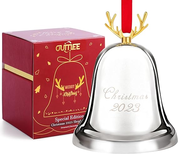 Annual Silver Bell Ornaments for Christmas Tree Decorations, Holiday Metal Bell for Anniversary with Ribbon & Gift Box