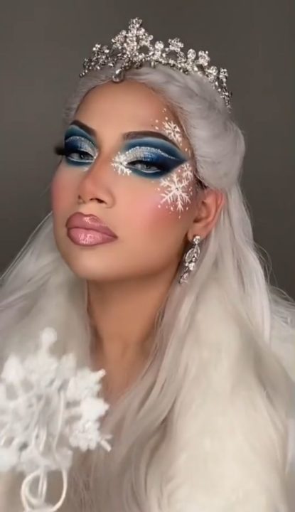 Blue Glittery Chistmas Snowflake Eye Makeup