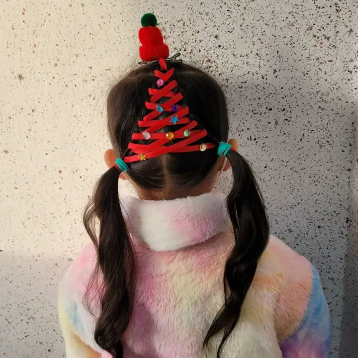 Chirstamas Pony Hairstyle with Red Ribbon for Kids