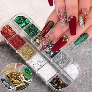Christmas Nail Art Charms Red Green Glitter Nail Powder Dust Sequins Winter Jewelry Rhinestones Set