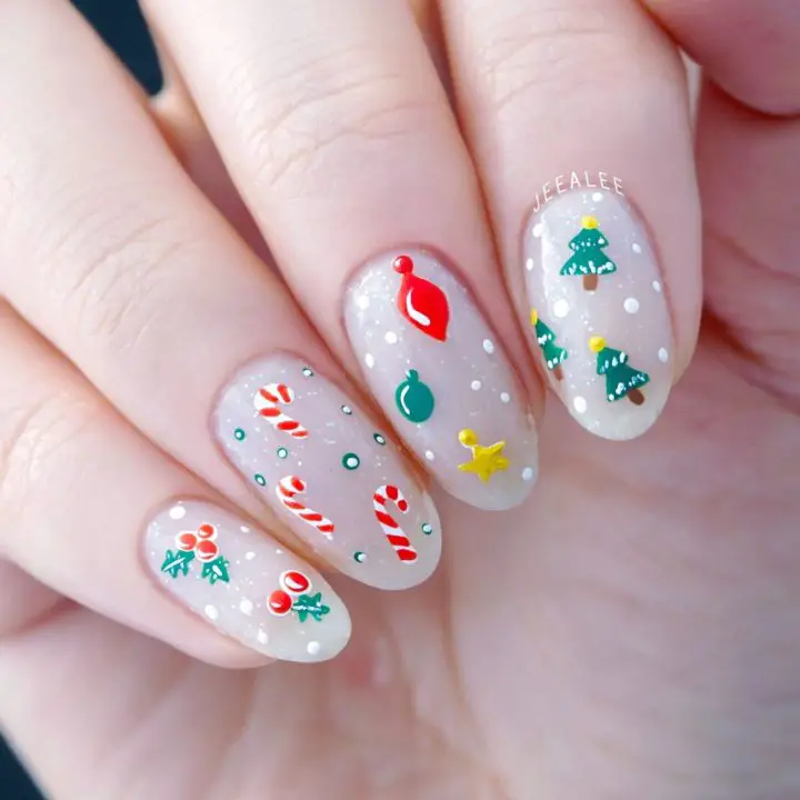Christmas Nail Art with Pine tree, Some ornaments, Candy Canes