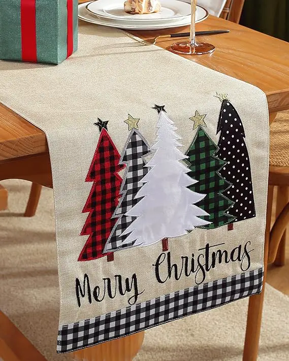 Christmas Table Runner 70 Inches Long with Embroidered Buffalo Plaid Christmas Trees