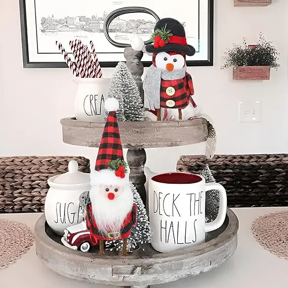 Fabric Bird Christmas Figurines Set for Tabletop Ornaments Buffalo Plaid Christmas Decor
