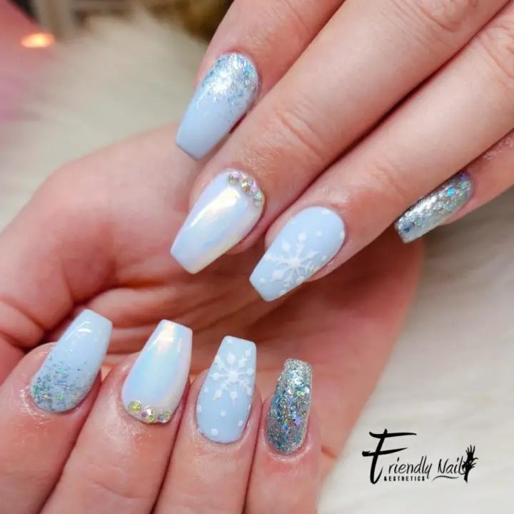 Glittering Baby Blue Snowflakes Nail Art