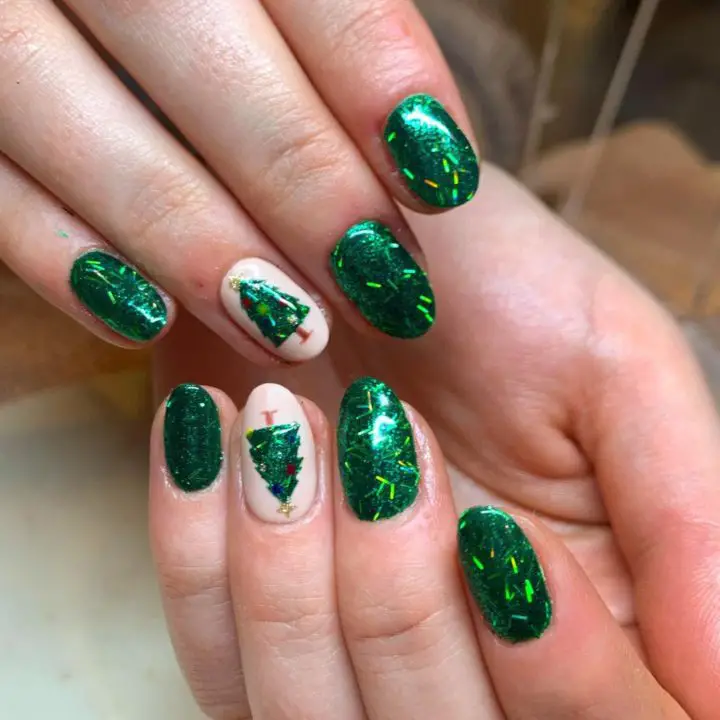 Hand Painted Green Glitter Christmas Tree Nail Art