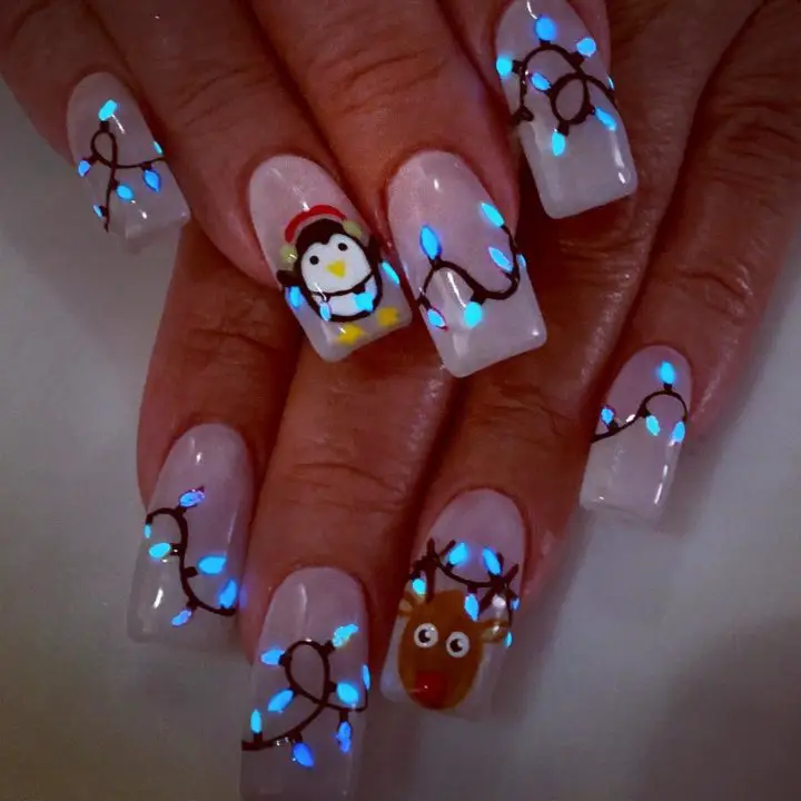 Handpainted Glowing Christmas Light Nail Art