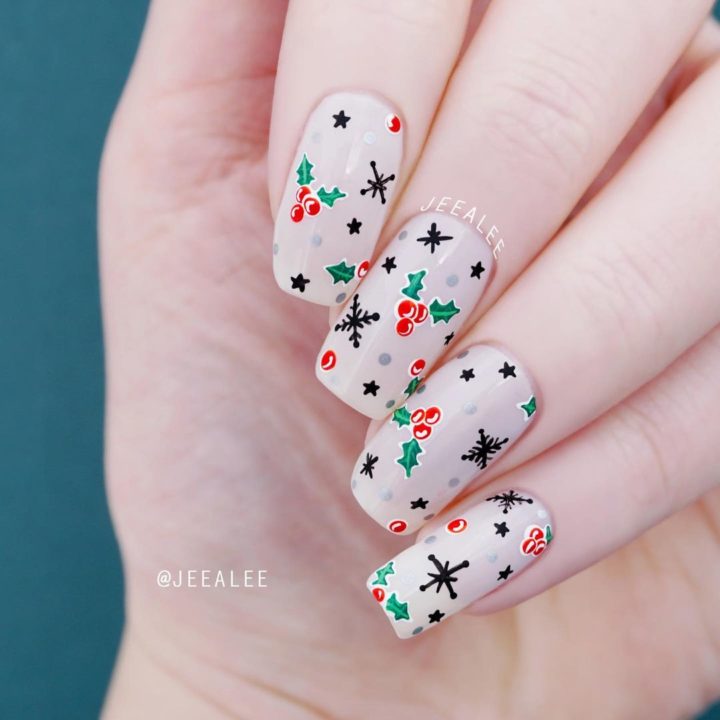 Holly Berries and Snowflakes Christmas Tree Nail Art