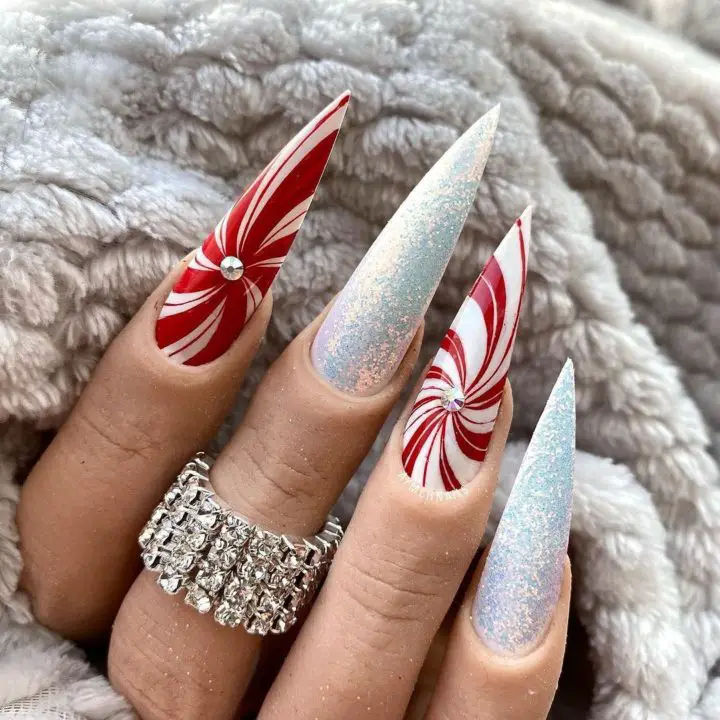 Peppermint and Glitter Candy Cane Nail Art