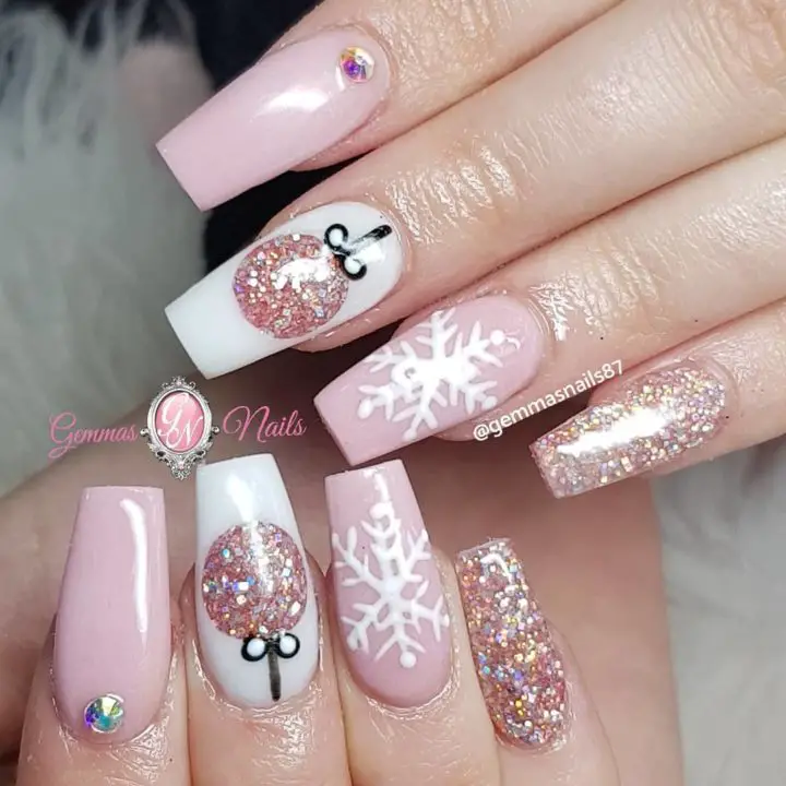 Pink Glamand Glits Snowflakes Nail Art