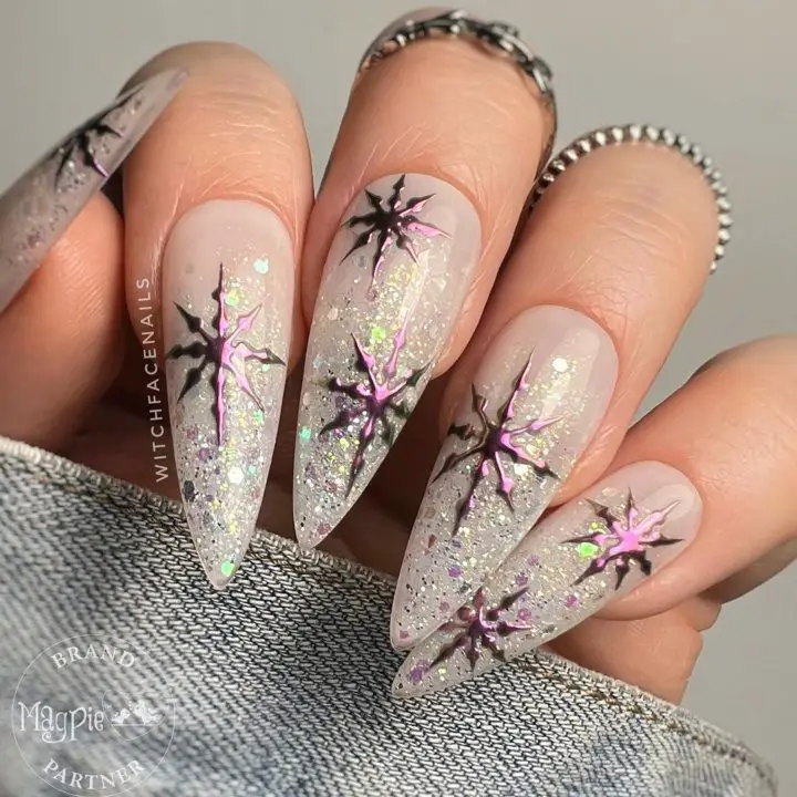 Purple Color Glittery Snowflake Nail Art