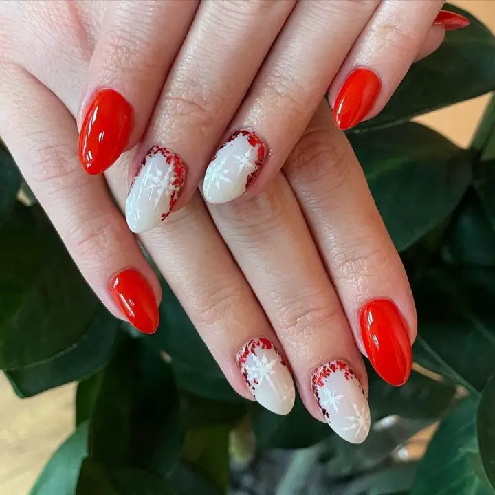 Red Glitter French Snowflakes Art Nails