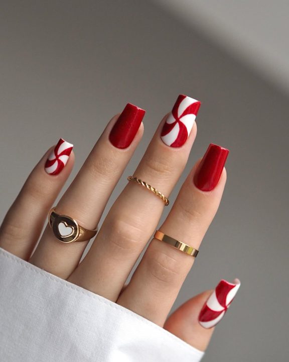 Red and White Peppermint Swirls Nail Art
