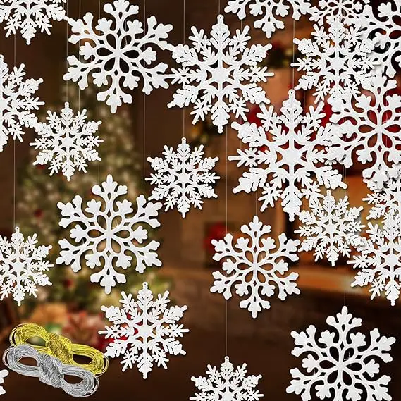 White Glitter Snowflake Ornaments Various Size Plastic Christmas Tree Decorations with Silver Rope