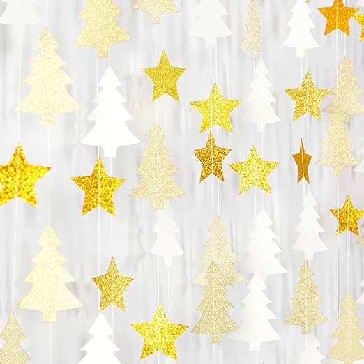 White-Gold Christmas-Tree Star Party-Decorations Garland - 52 Ft Winter New Year Supplies Hanging Paper Streamers Banner