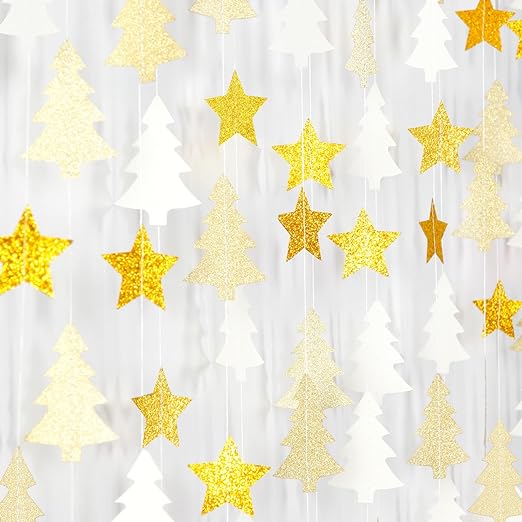 White-Gold Christmas-Tree Star Party-Decorations Garland - 52 Ft Winter New Year Supplies Hanging Paper Streamers Banner